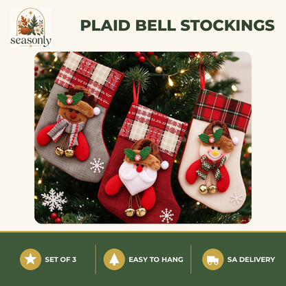 Seasonly Plaid Bell Christmas Stockings – Set of 3