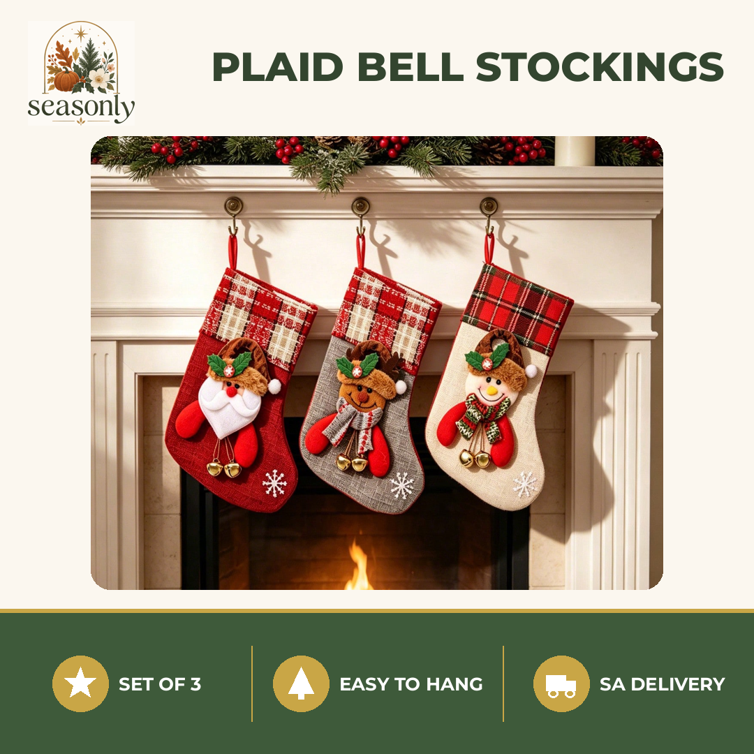 Seasonly Plaid Bell Christmas Stockings – Set of 3