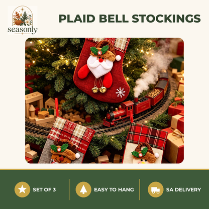 Seasonly Plaid Bell Christmas Stockings – Set of 3