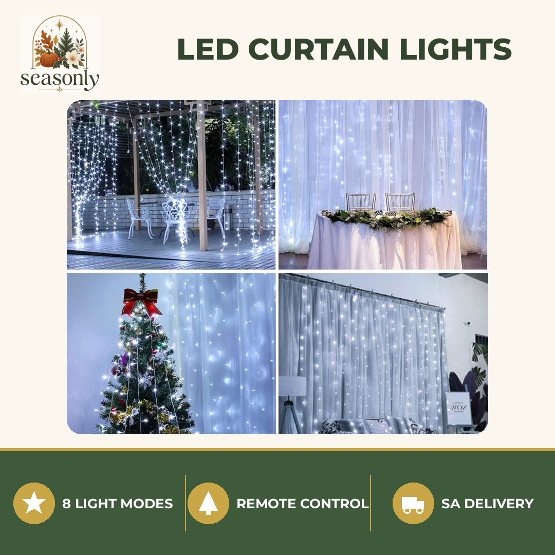 Seasonly LED Curtain Lights with Remote – 8 Modes