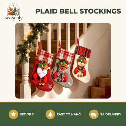 Seasonly Plaid Bell Christmas Stockings – Set of 3