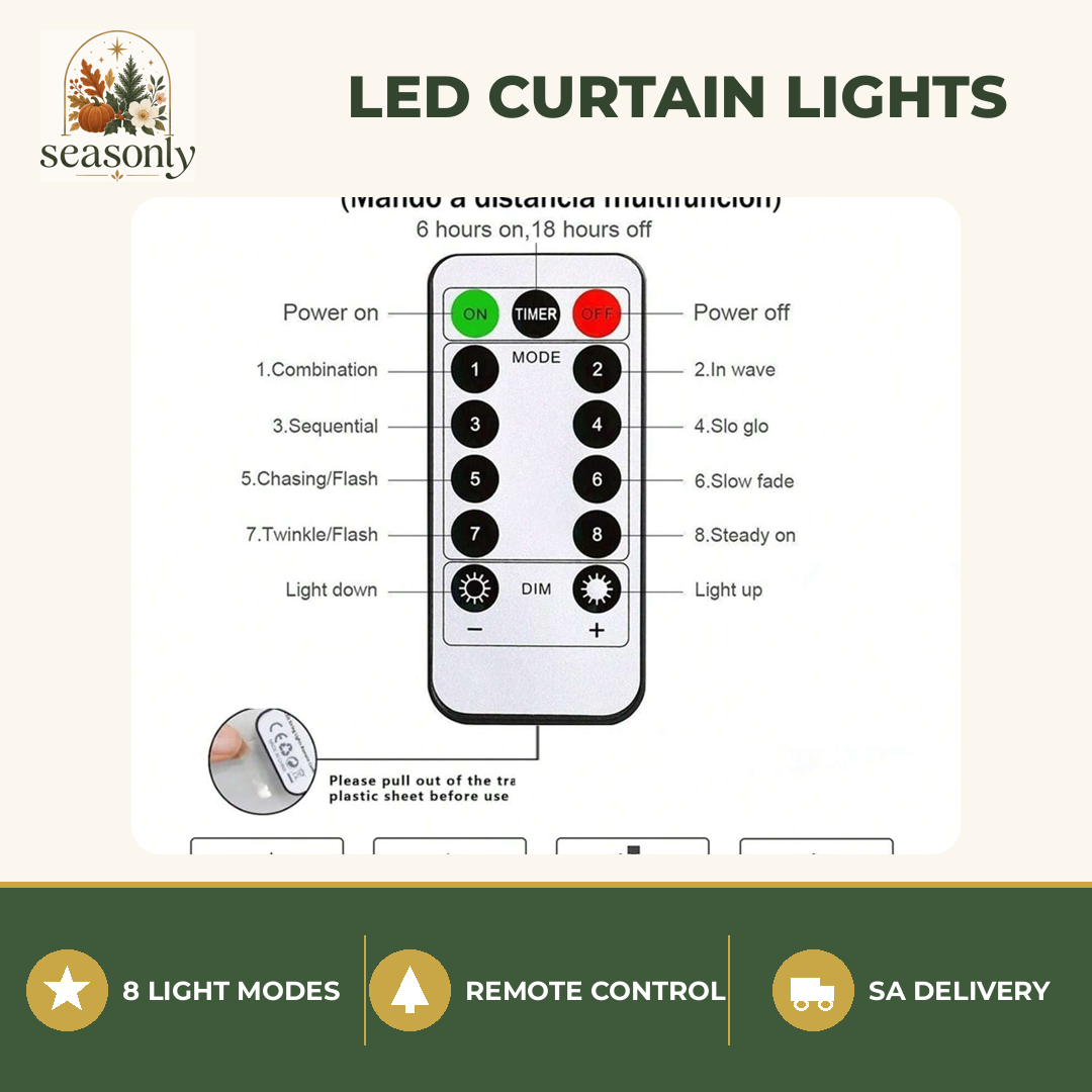 Seasonly LED Curtain Lights with Remote – 8 Modes