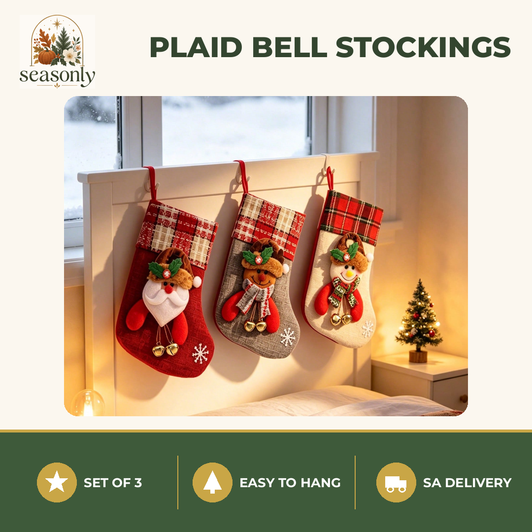 Seasonly Plaid Bell Christmas Stockings – Set of 3